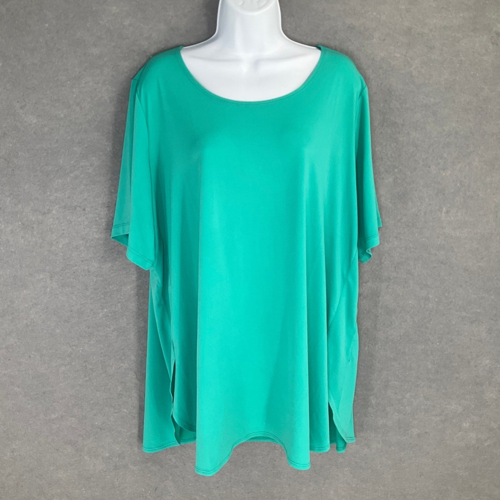 Susan Graver Modern Essentials Top Sz 2X Green Short Sleeve Liquid Knit Tunic‎